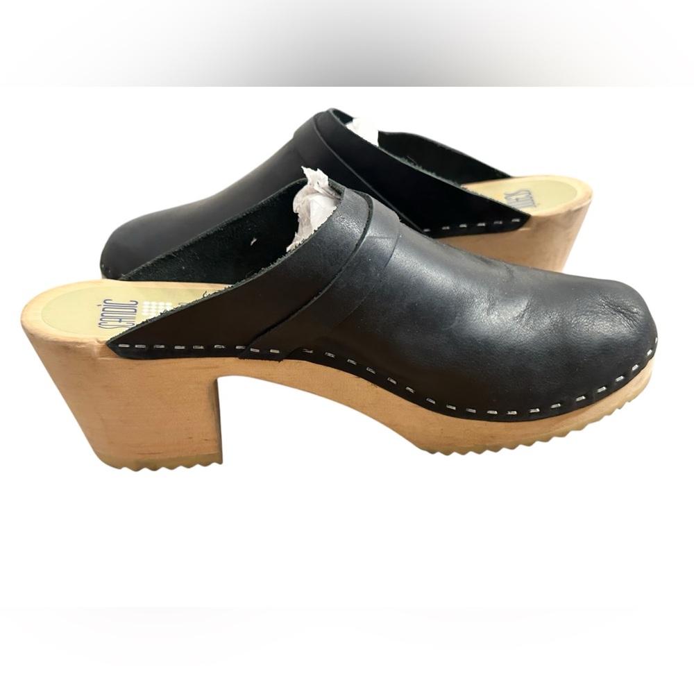 Scandic Wood Heeled Clogs Black Smooth Leather Women’s Size EU 40 US 9.5 - 10 - Picture 2 of 10